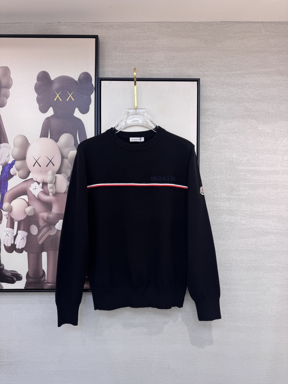 ⚝Moncler Men Cashmere Crew Neck Sweater Tricolor Stripe Logo Knit Pullover